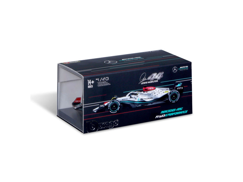 Mercedes F1 Model car, Bburago, F1 W13 E Perfromance, Lewis Hamilton #44, silver, 1:43 scale, acryl box, 2022