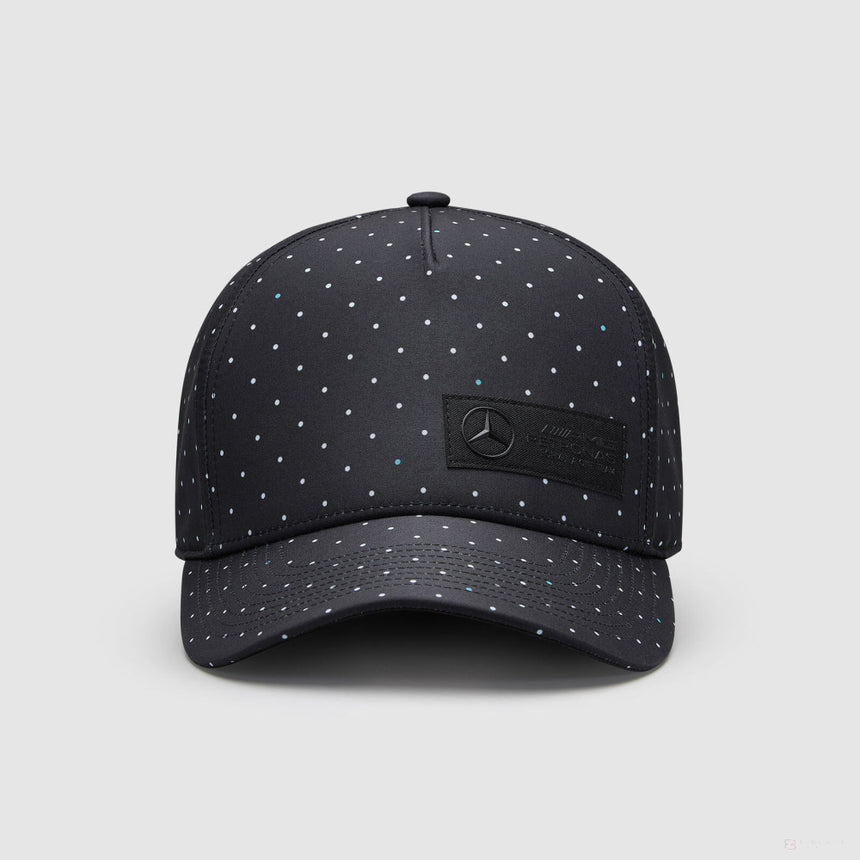 Black cap with polka dot pattern and Mercedes logo, front angle