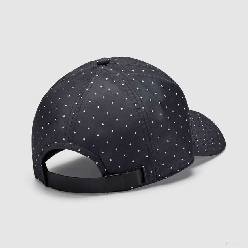 Black cap with polka dot pattern and Mercedes logo, back view