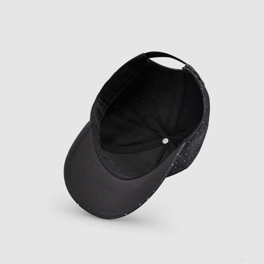 Black cap with polka dot pattern and Mercedes logo, inside view