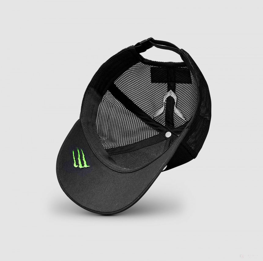 Black trucker cap interior view with green pattern