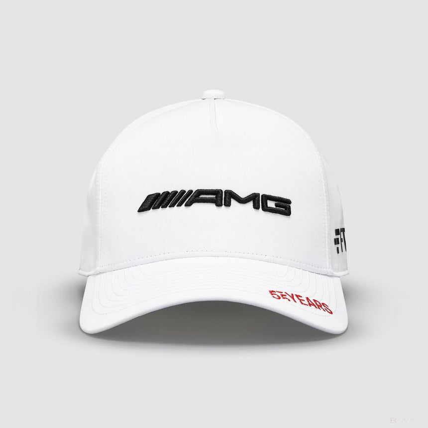 White baseball cap with AMG logo and 5 YEARS print on front