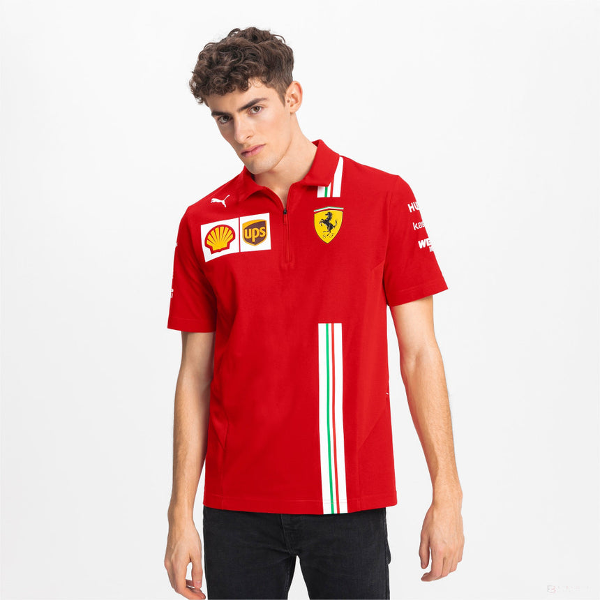 Model wearing Ferrari polo shirt with visible logos