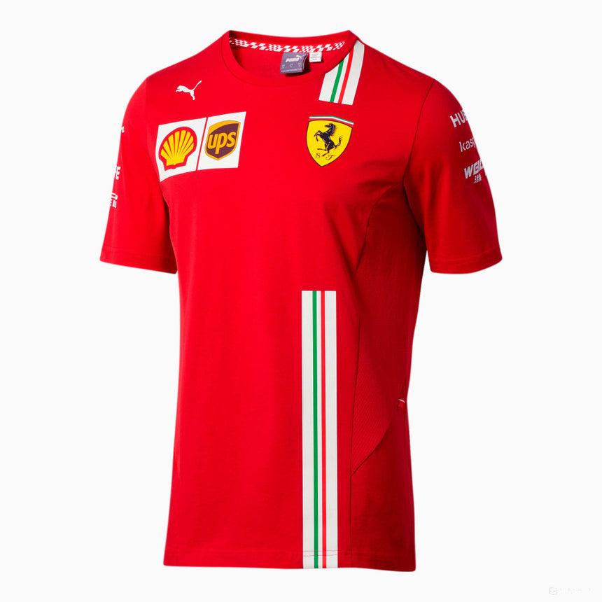 Red Ferrari polo shirt with PUMA logo and sponsor details