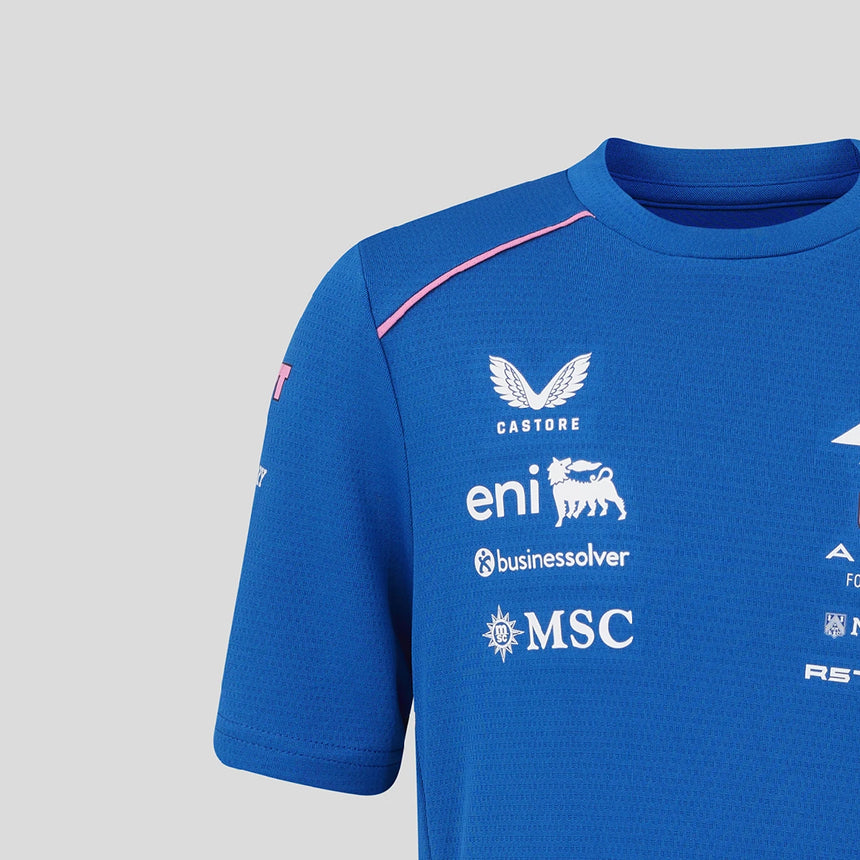 Blue Alpine T-shirt front with Castore, eni and MSC logos.
