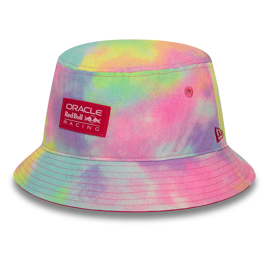 Multicolor Red Bull bucket hat with collapsible design.