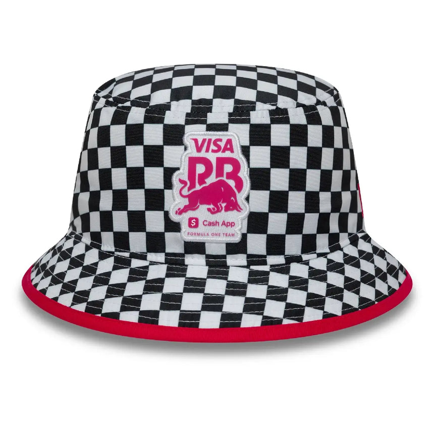 Checked hat with black and white pattern.