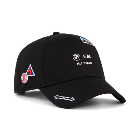 Black BMW baseball cap with patch details.