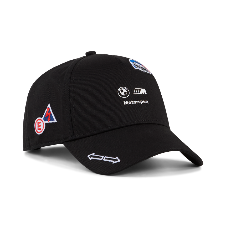 Black BMW baseball cap with patch details.