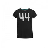 Black t-shirt with large white number 44 and turquoise neck trim