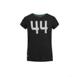 Black t-shirt with large white number 44 and turquoise neck trim