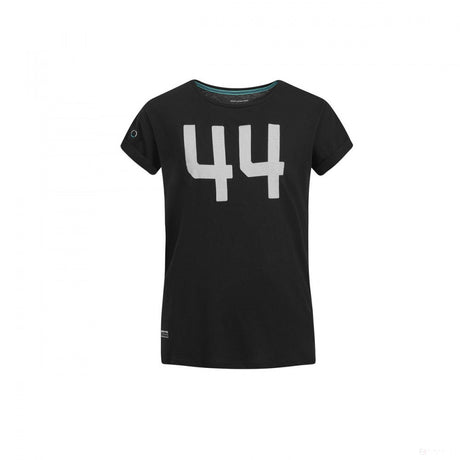 Black t-shirt with large white number 44 and turquoise neck trim