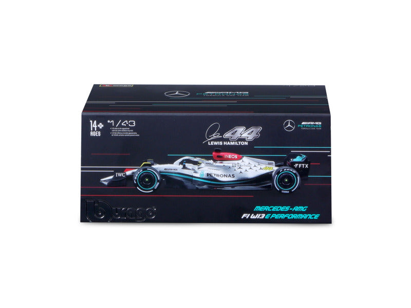 Mercedes F1 Model car, Bburago, F1 W13 E Perfromance, Lewis Hamilton #44, silver, 1:43 scale, acryl box, 2022