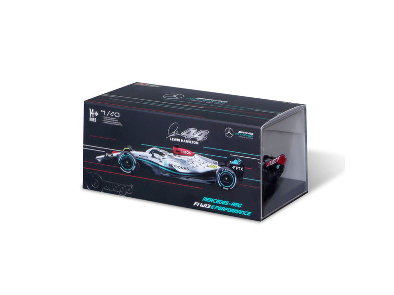 Mercedes F1 Model car, Bburago, F1 W13 E Perfromance, Lewis Hamilton #44, silver, 1:43 scale, acryl box, 2022