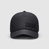 Black cap with polka dot pattern and Mercedes logo, front angle