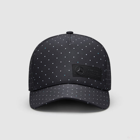 Black cap with polka dot pattern and Mercedes logo, front angle