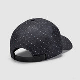 Black cap with polka dot pattern and Mercedes logo, back view