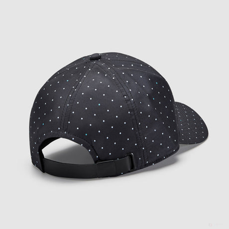 Black cap with polka dot pattern and Mercedes logo, back view