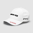 White baseball cap with AMG logo and red 5 YEARS print
