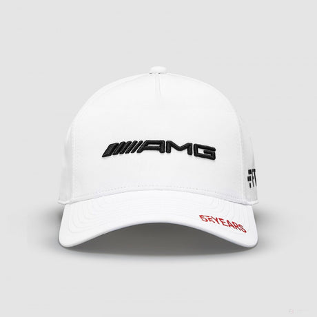 White baseball cap with AMG logo and 5 YEARS print on front