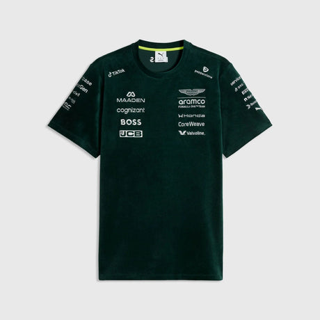 Green Aston Martin team shirt front with logos.