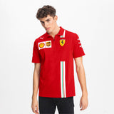 Model wearing Ferrari polo shirt with visible logos