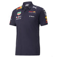 Blue polo shirt front view with Puma logo and various sponsor prints