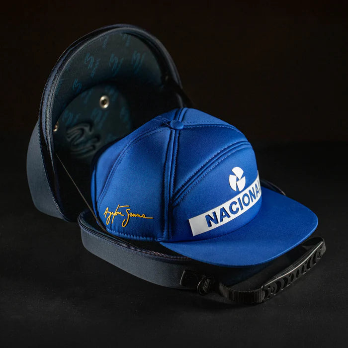 Ayrton Senna cap, Nacional, original 1984, with fabric hard case, blue, 2025