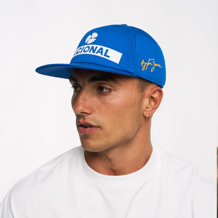 Ayrton Senna cap, Nacional, original 1984, with fabric hard case, blue, 2025