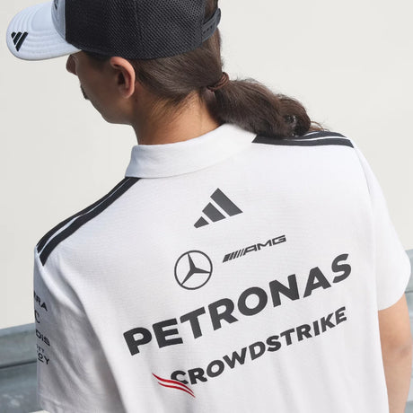 White Mercedes t-shirt shown reversed with adidas logo.
