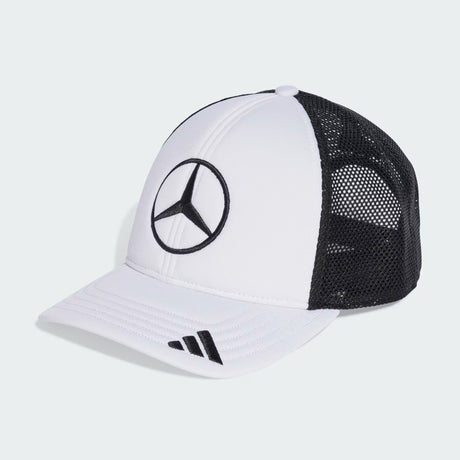 White Mercedes cap with black mesh back.