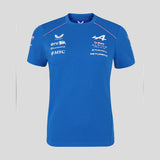 Blue crew neck t-shirt with Alpine logo on front.