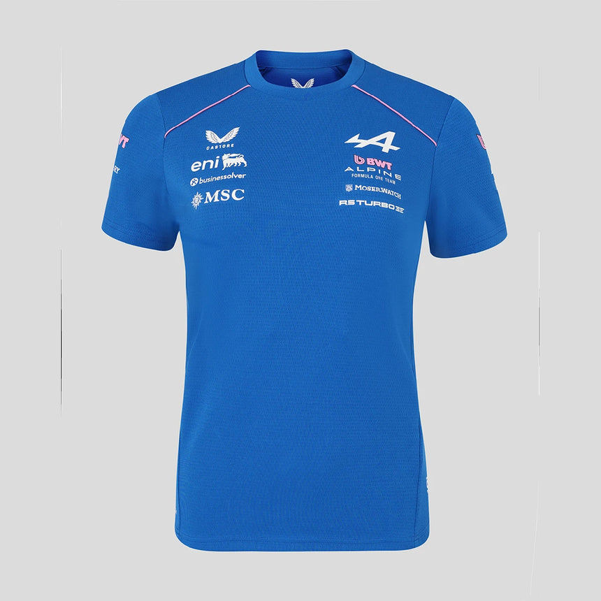Blue crew neck t-shirt with Alpine logo on front.