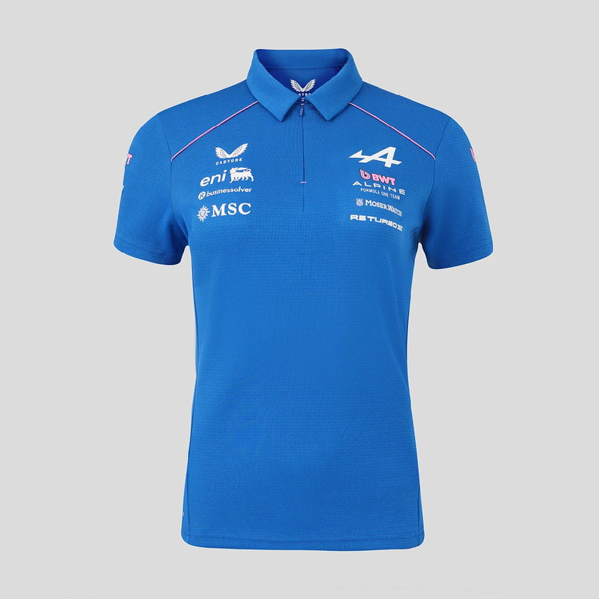 Blue women's T-shirt with Alpine logo on front