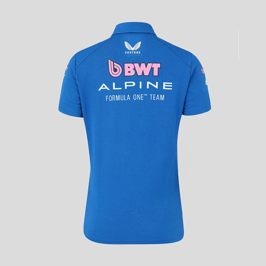 Blue women's T-shirt with Alpine lettering on back side