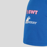 Blue women's polo shirt with BWT print on the sleeve.