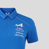Blue women's polo shirt with Alpine and BWT logos on front.