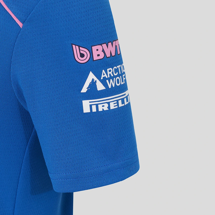 Blue Alpine T-shirt left sleeve with Pirelli and Arctic Wolf logos.