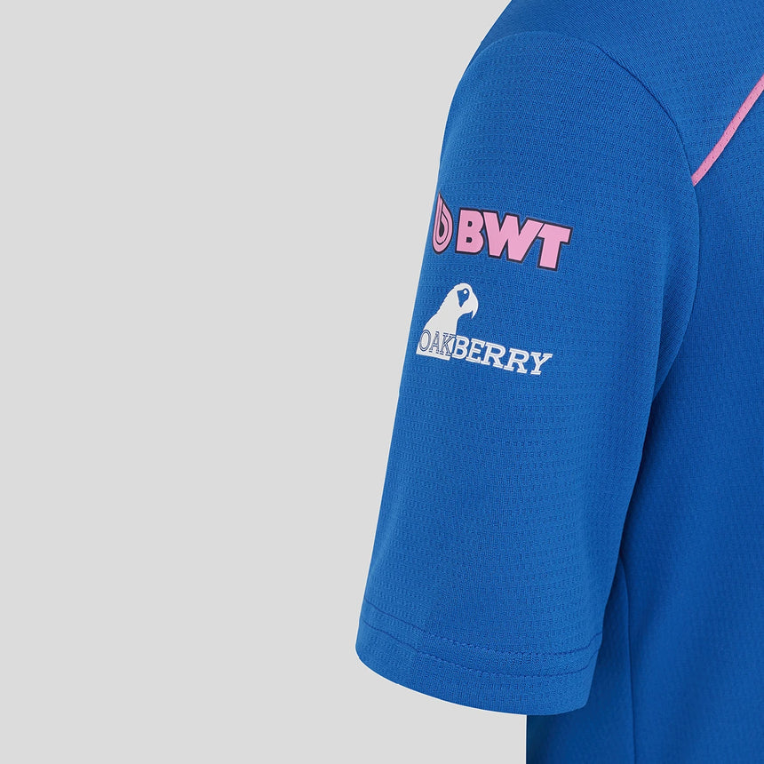 Blue Alpine T-shirt right sleeve with BWT and Oakberry logos.