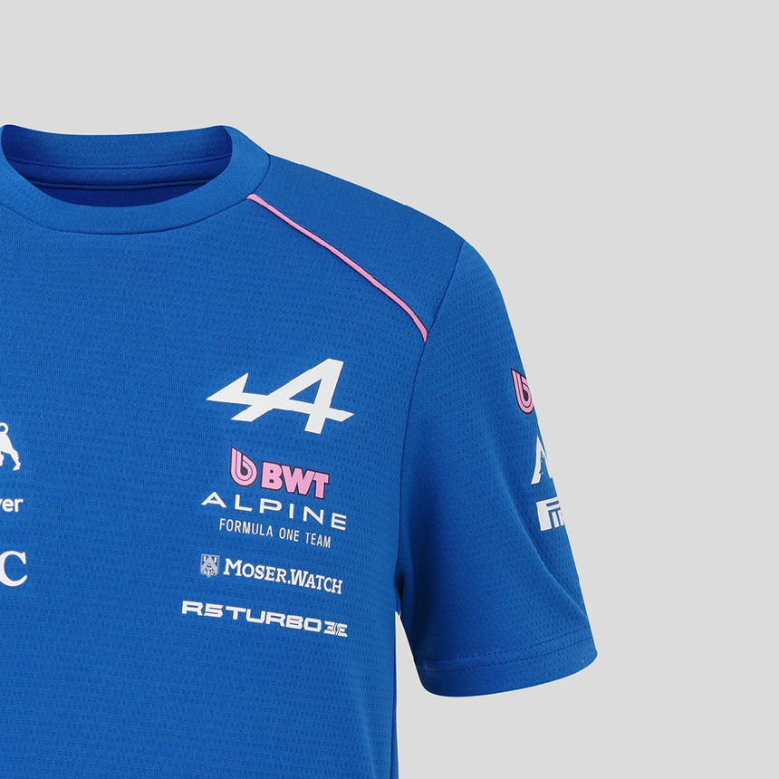 Blue Alpine T-shirt front with BWT and Moser Watch logos.