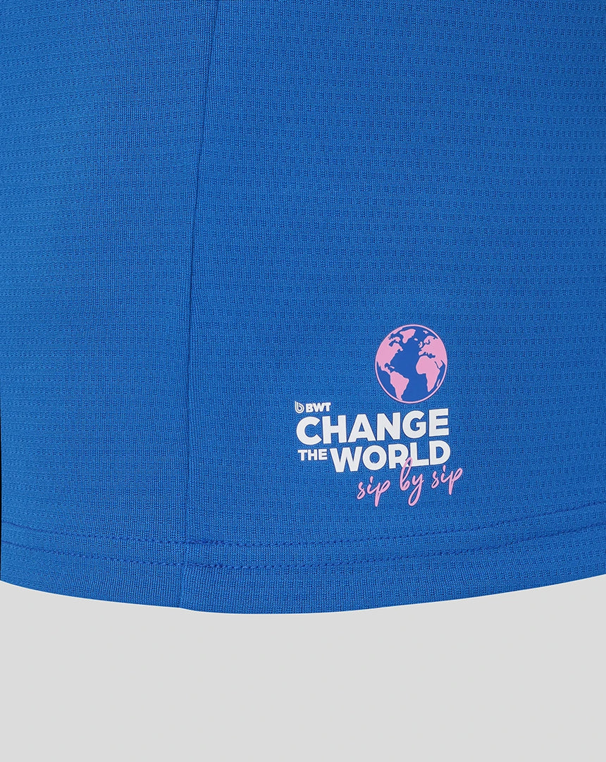Blue t-shirt bottom with BWT text and Earth Globe logo