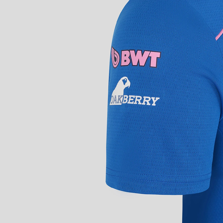 Blue t-shirt left sleeve with BWT and Oakberry text