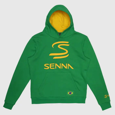 Green hoodie with yellow lettering.