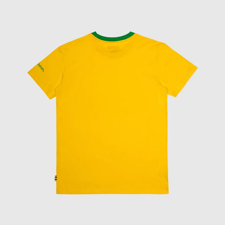 Yellow t-shirt back view with green collar.