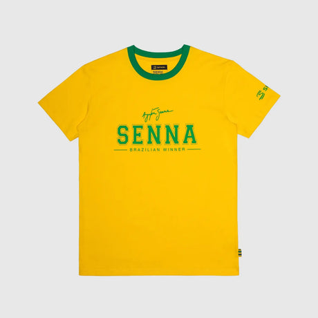 Yellow t-shirt with front text: SENNA, BRAZILIAN WINNER.