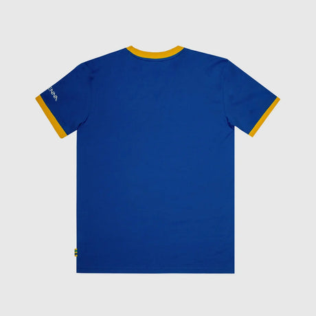 Blue t-shirt with yellow trim, plain back.