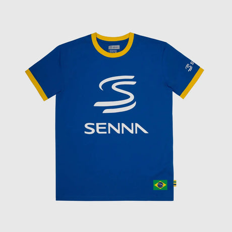 Blue t-shirt with yellow trim and Senna text.