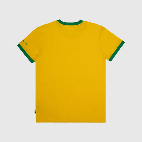 Yellow t-shirt with green accents, back view.