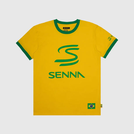 Yellow t-shirt with green accents, front view.
