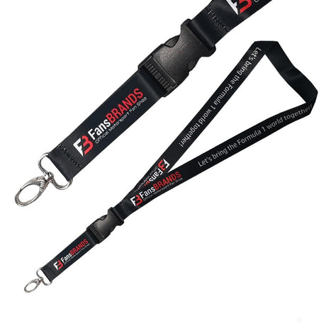 Black keychain with strap and carabiner, brand logo.